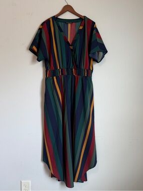 Smocked Waist Dress 14-16 L Multi Color Vertical Stripe Maxi Dress Retro 70s Y2k